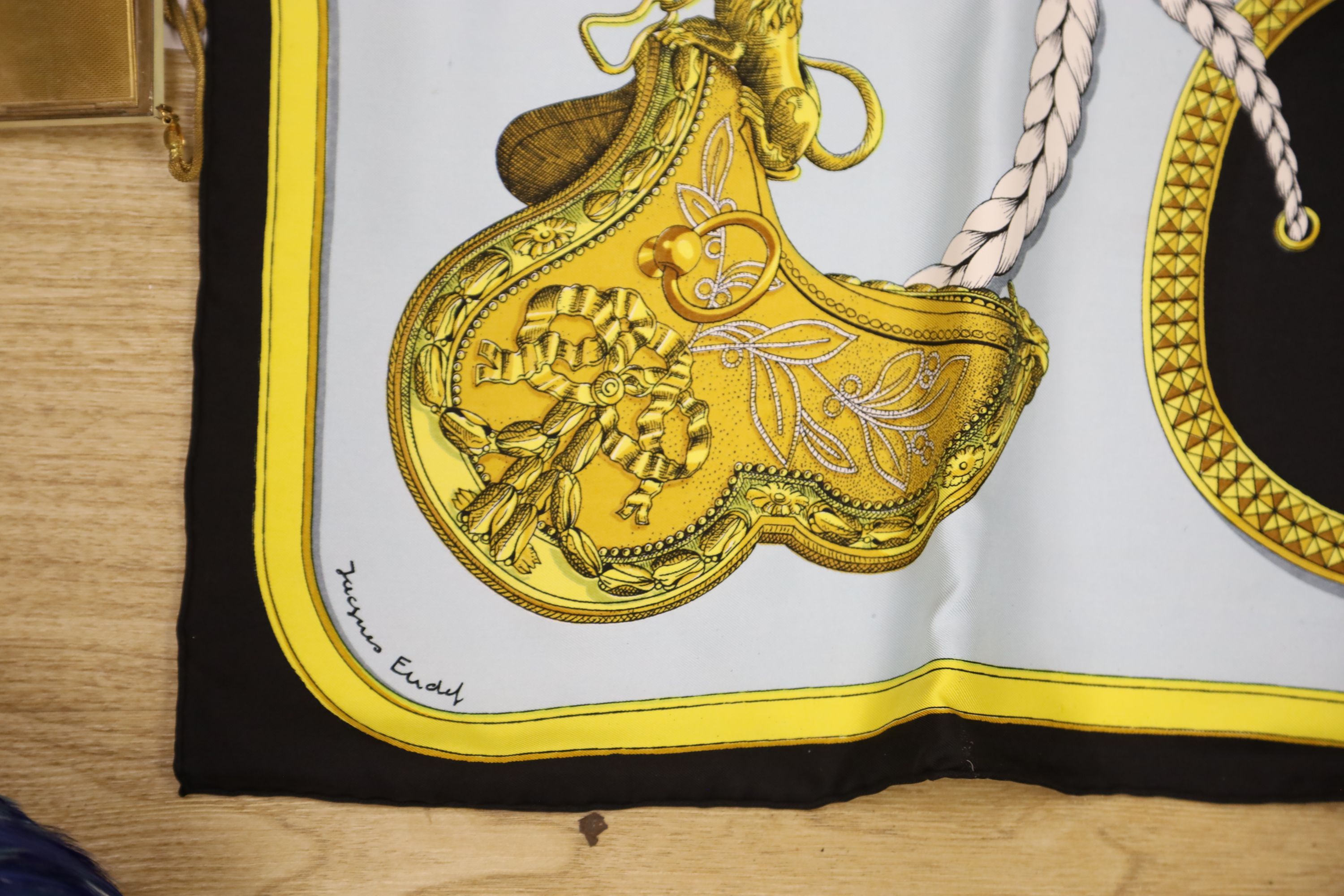A Hermes silk scarf, Grand Apparat (boxed) and sundry items,
